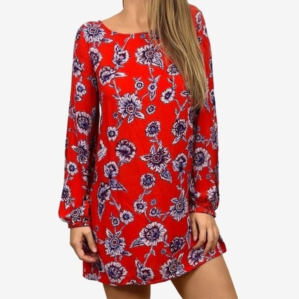 Billabong Heart Strayed Mini Dress Size S Red Floral Long‎ Sleeve Boho Festival